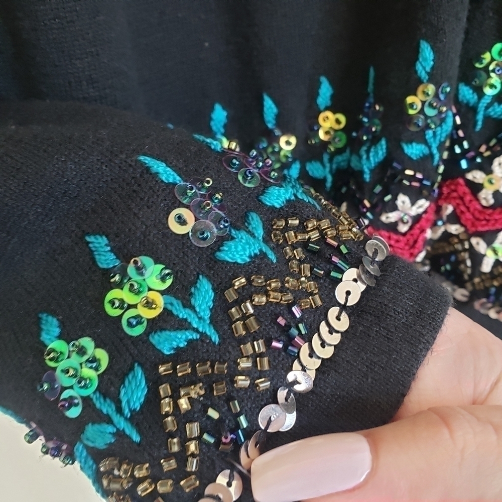 Bohemian knit sequins embroidered button cardigan black sweater - Picture 8 of 11